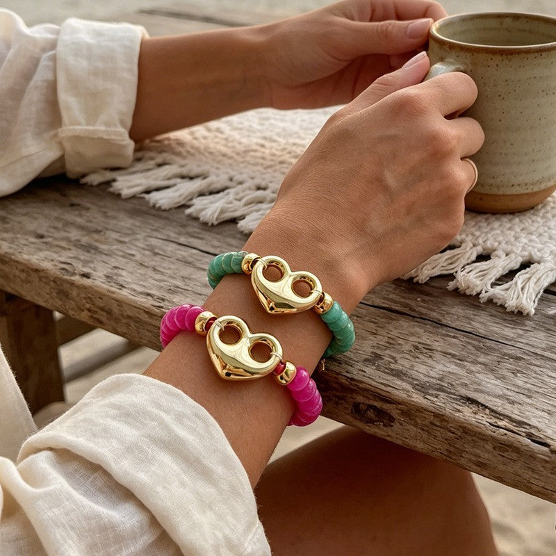 Boho Natural Stone Heart Charm Bracelet