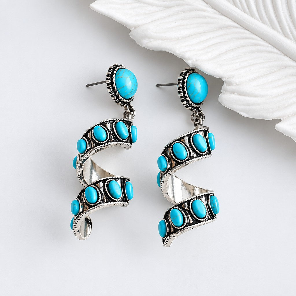 Boho Vintage Turquoise Spiral Dangle Earrings