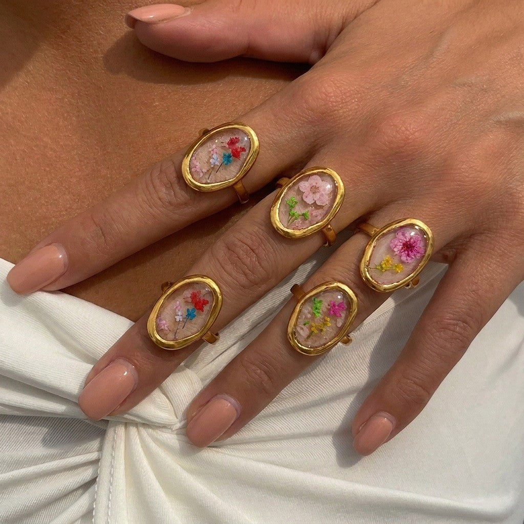18k Dainty Pressed Floral Resin Open Ring