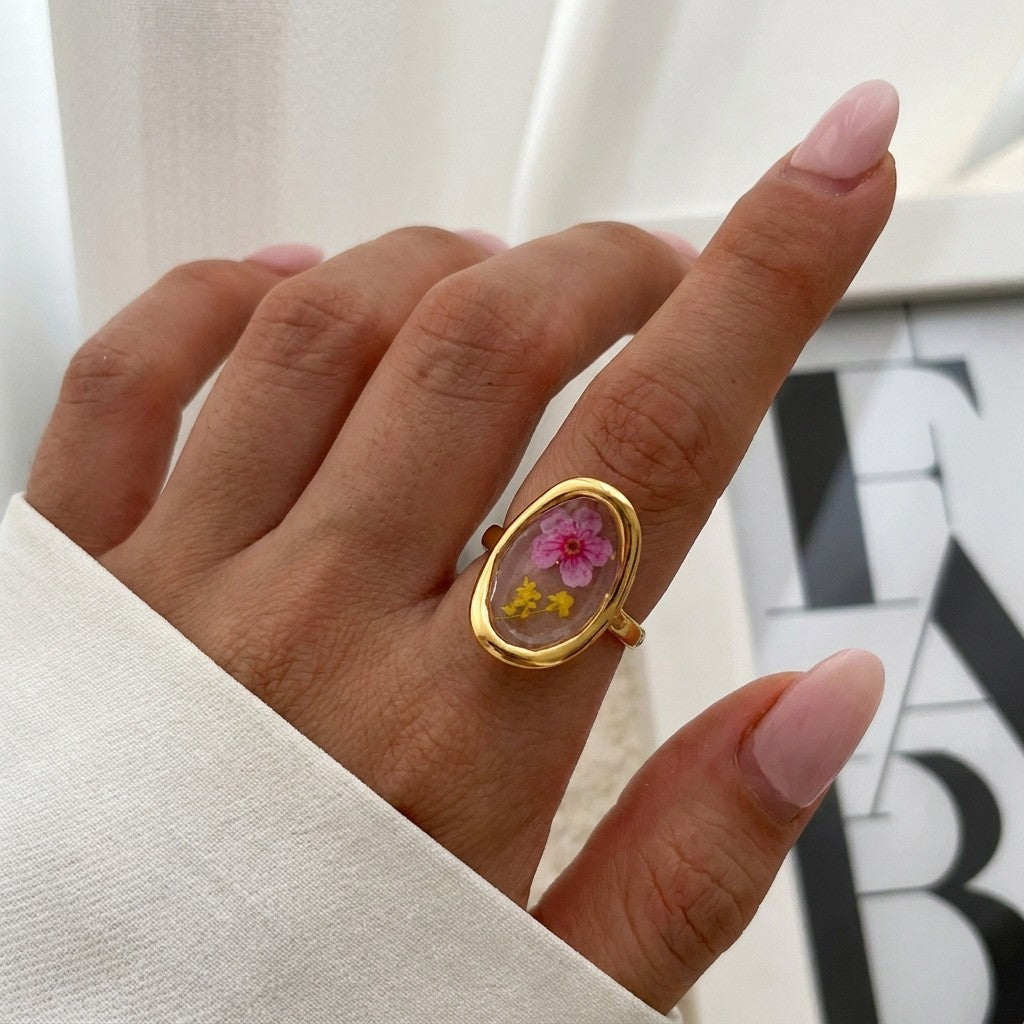 18k Dainty Pressed Floral Resin Open Ring
