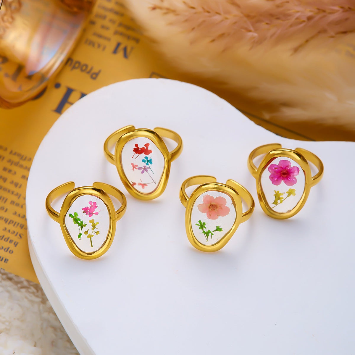 18k Dainty Pressed Floral Resin Open Ring