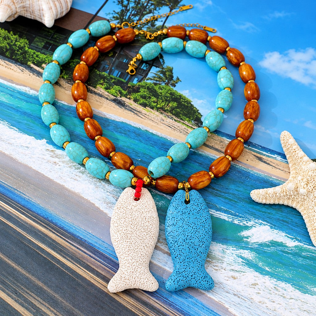 Boho Amber Beaded Fish Necklace