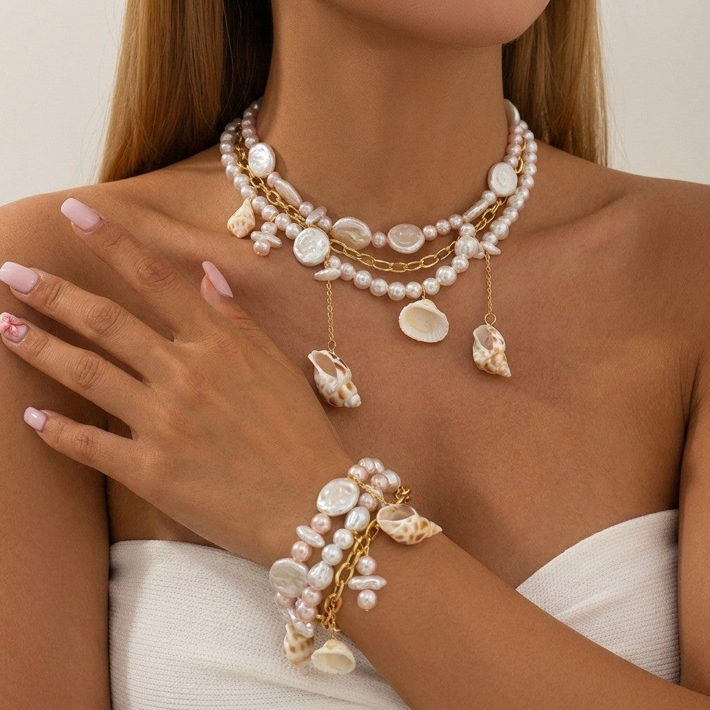 Boho Layered Faux Pearl & Shell Necklace, Bracelet Set