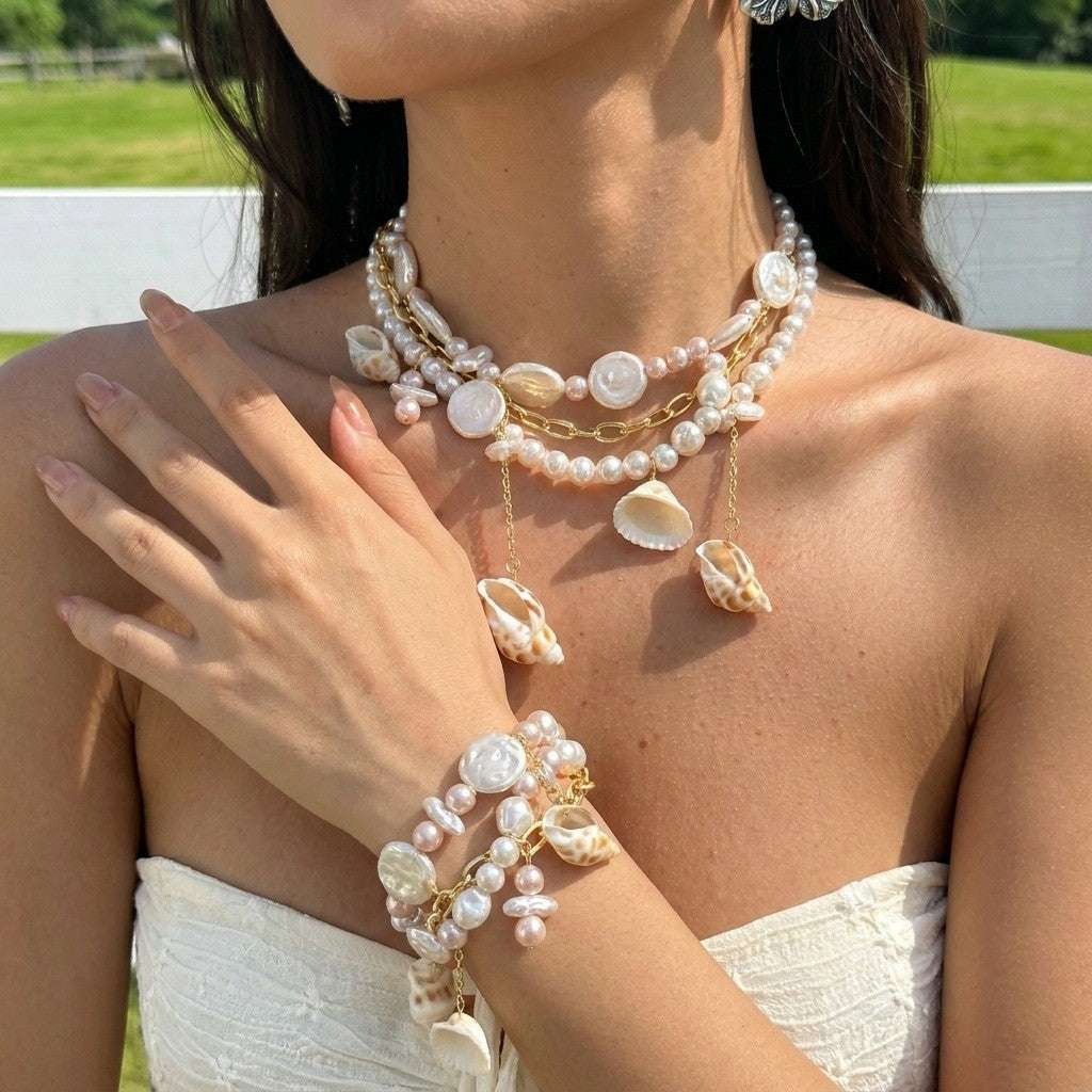 Boho Layered Faux Pearl & Shell Necklace, Bracelet Set