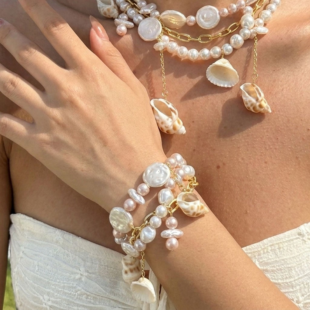 Boho Layered Faux Pearl & Shell Necklace, Bracelet Set