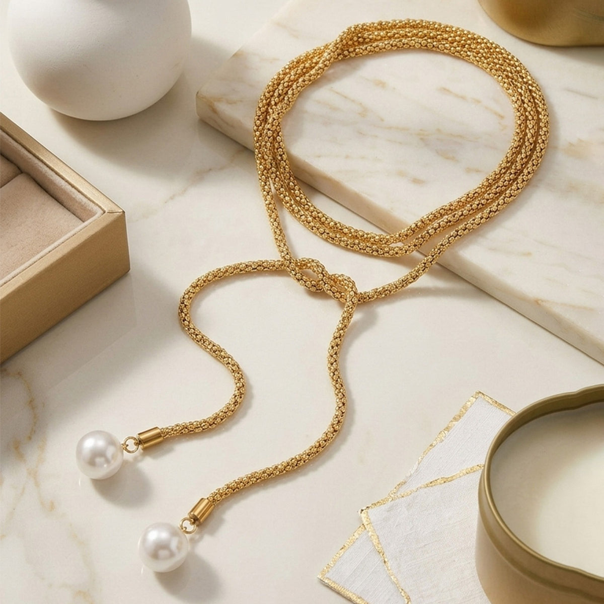 Classy Faux Pearl Knot Lariat Necklace