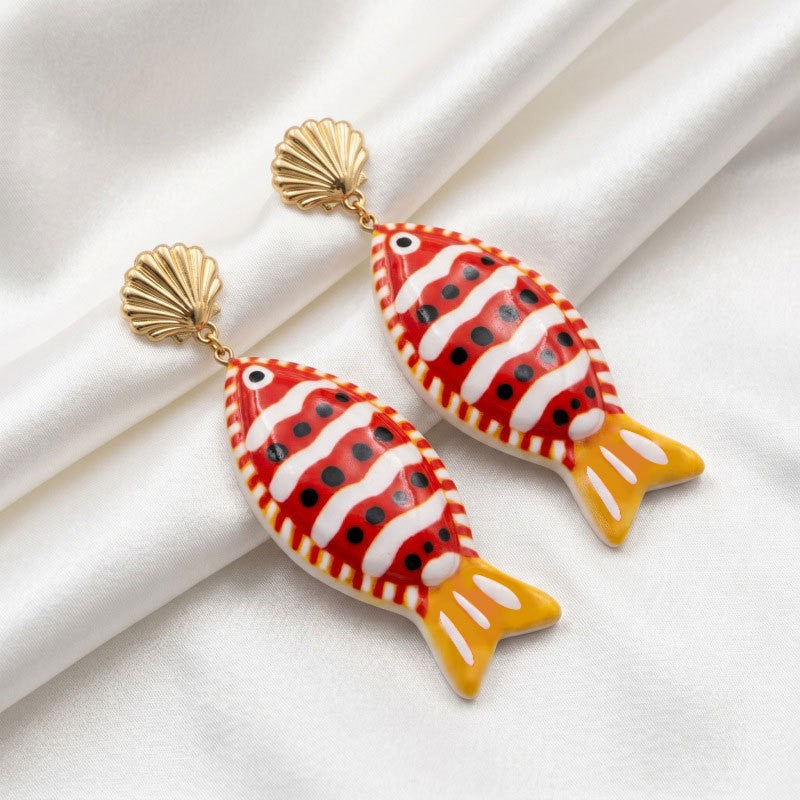 Playful Red Striped Resin Fish Earrings