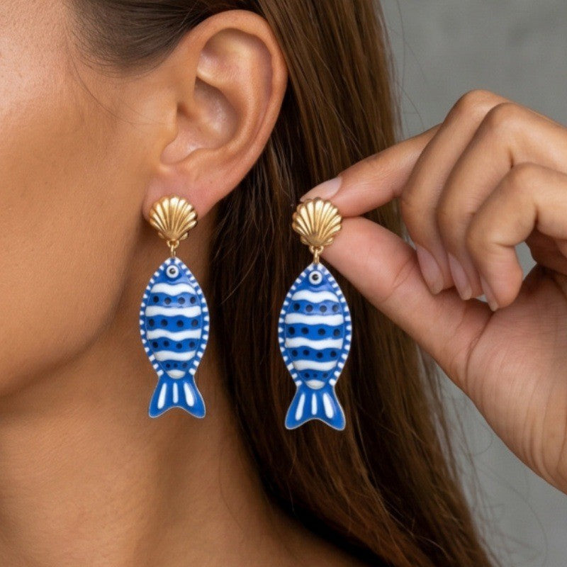 Playful Red Striped Resin Fish Earrings