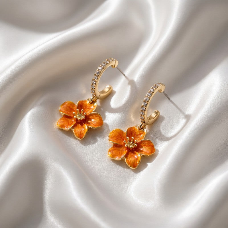 Classy Orange Enamel Flower Drop Earrings