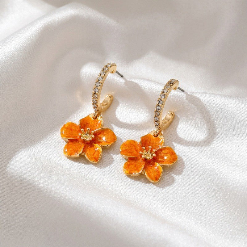 Classy Orange Enamel Flower Drop Earrings