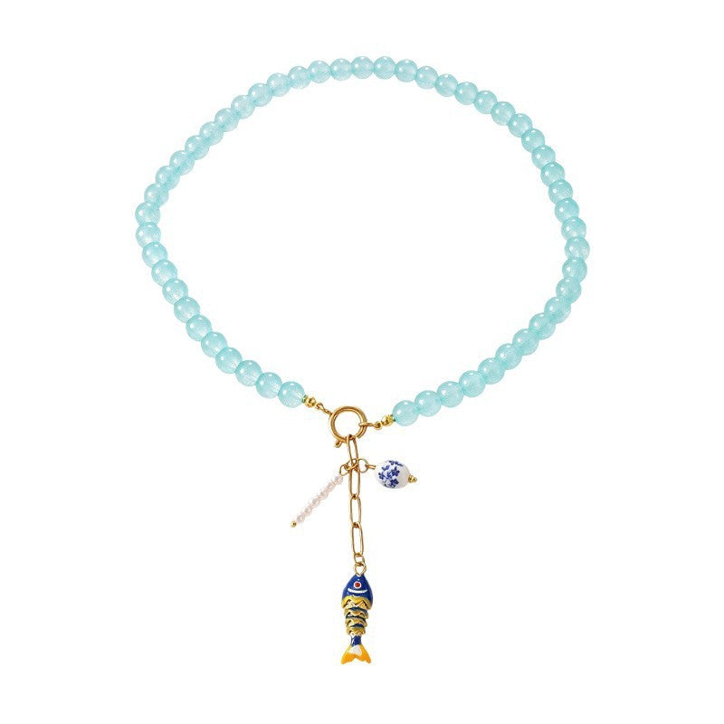 Dainty Aqua Beaded Fish Charm Necklace