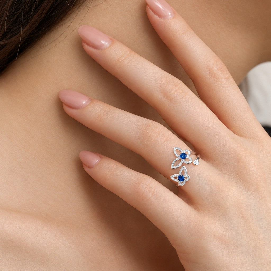 Dainty Blue Zirconia Double Butterfly Ring