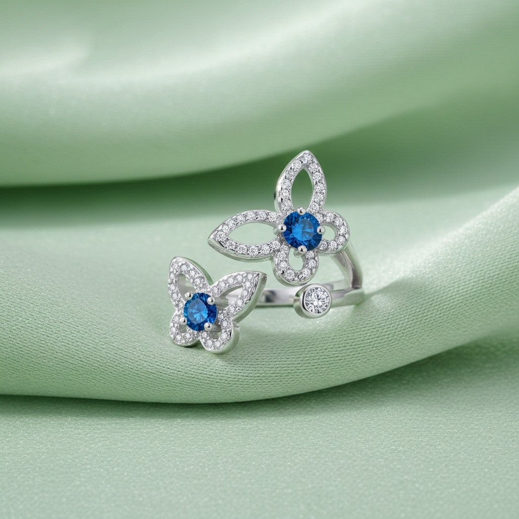 Dainty Blue Zirconia Double Butterfly Ring