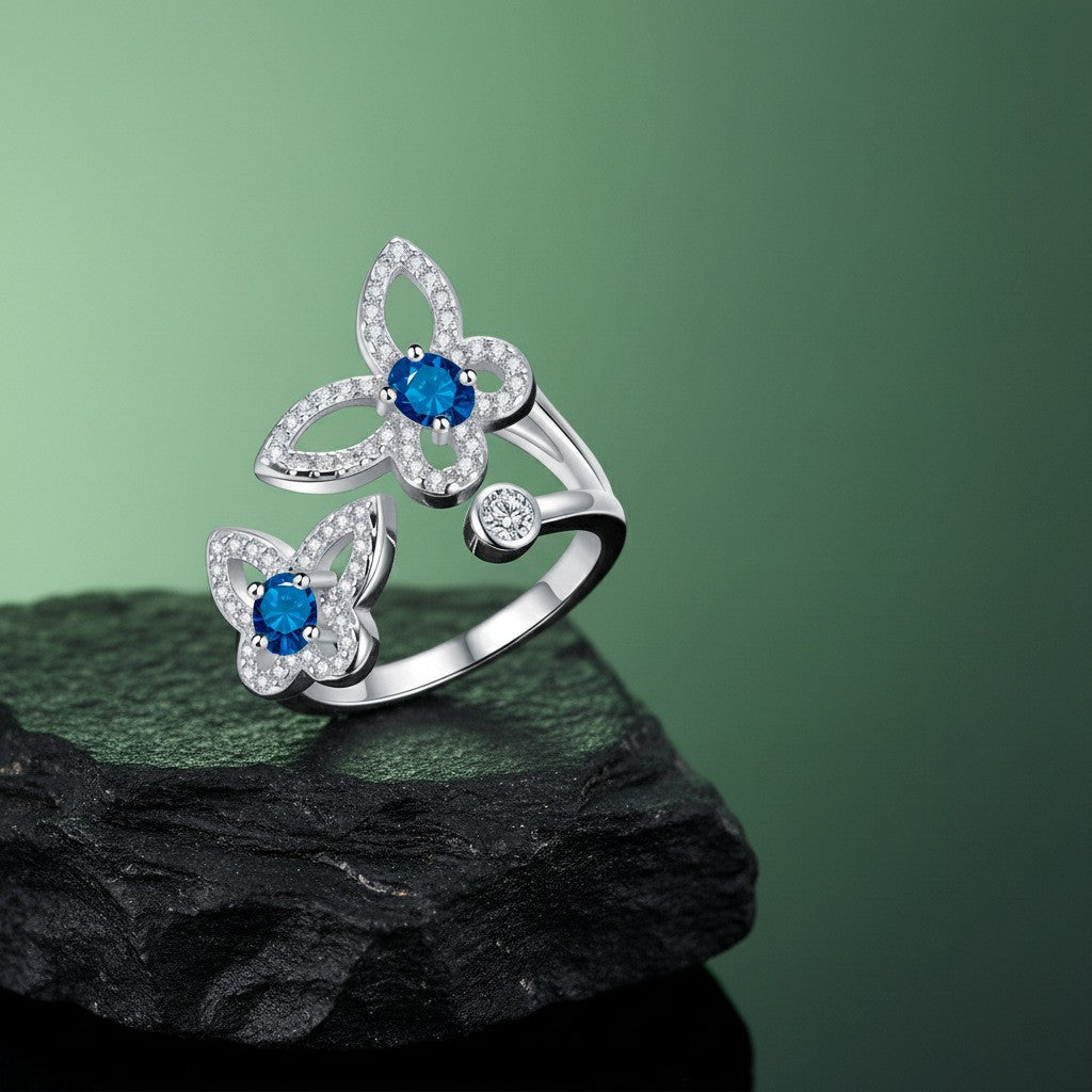 Dainty Blue Zirconia Double Butterfly Ring