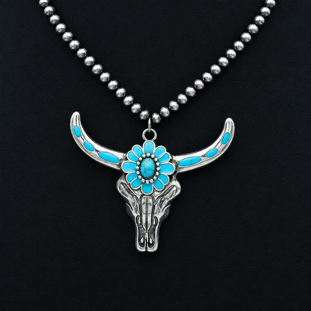Vintage Turquoise Bull Skull Necklace