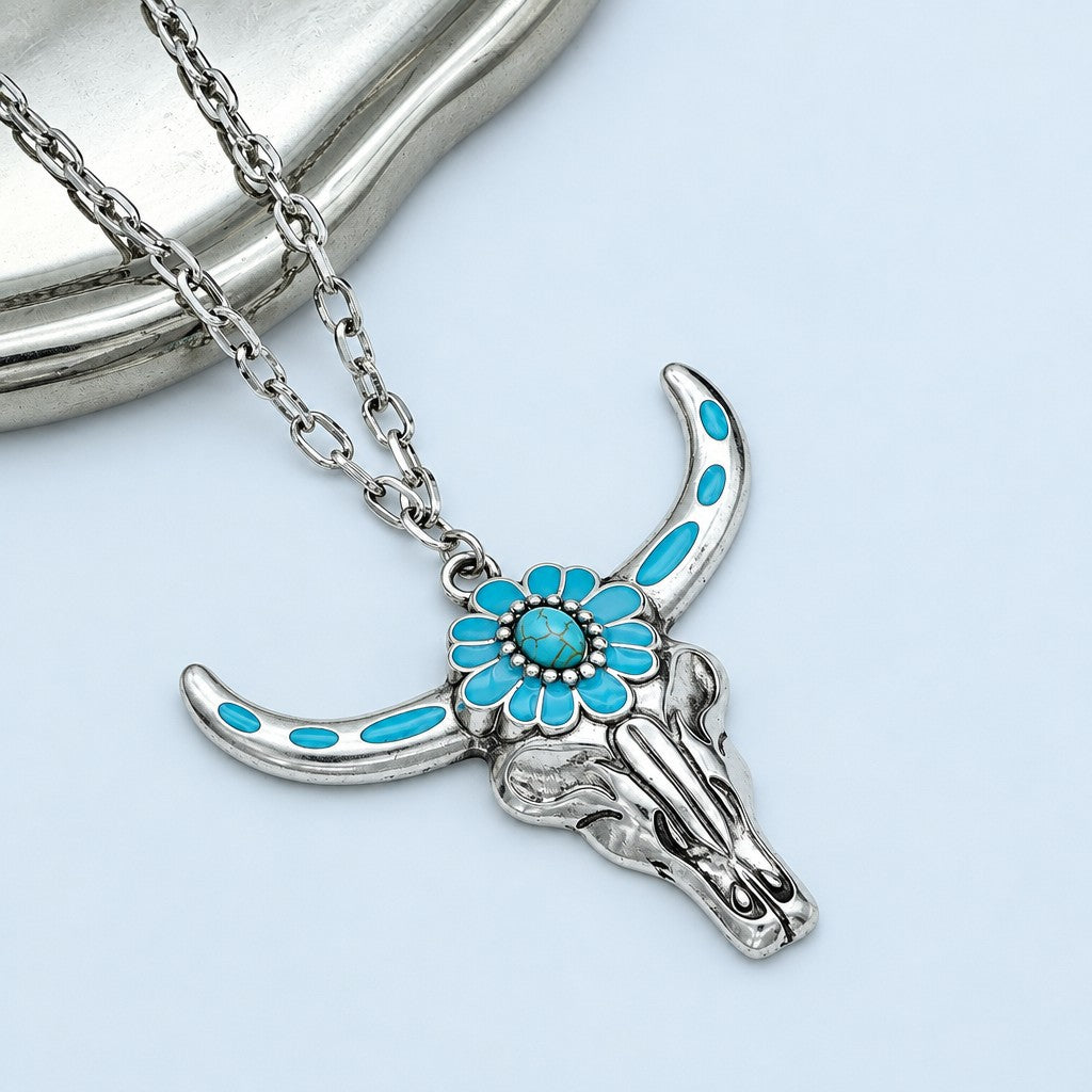 Vintage Turquoise Bull Skull Necklace