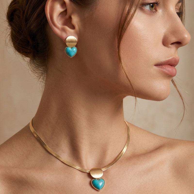 Classy Turquoise Heart Herringbone Necklace and Earring Set