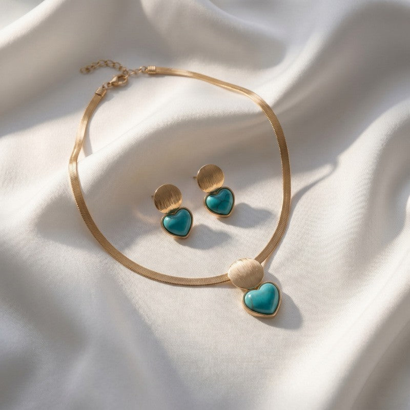 Classy Turquoise Heart Herringbone Necklace and Earring Set
