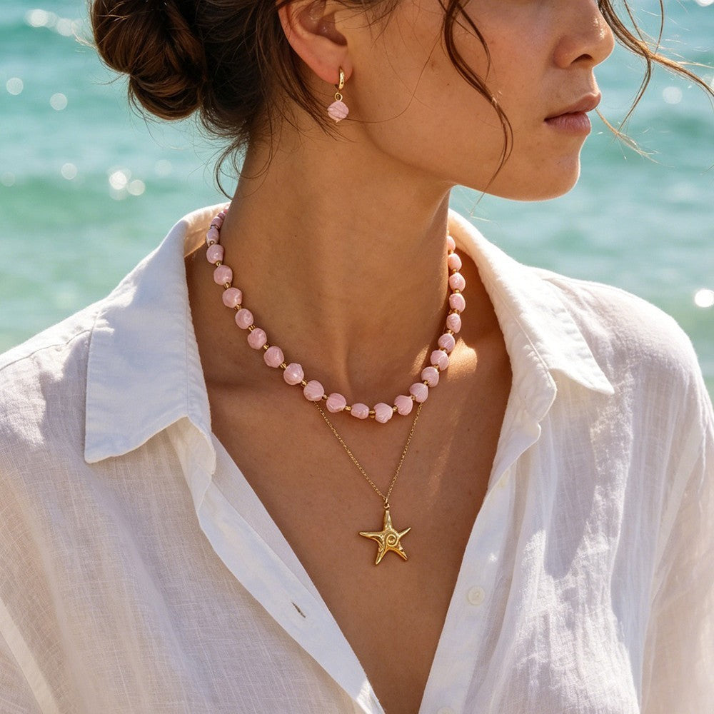 Dainty Pink Bead Starfish Necklace