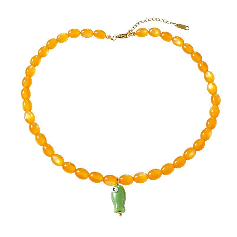Sweet Red & Green Beaded Fish Necklace