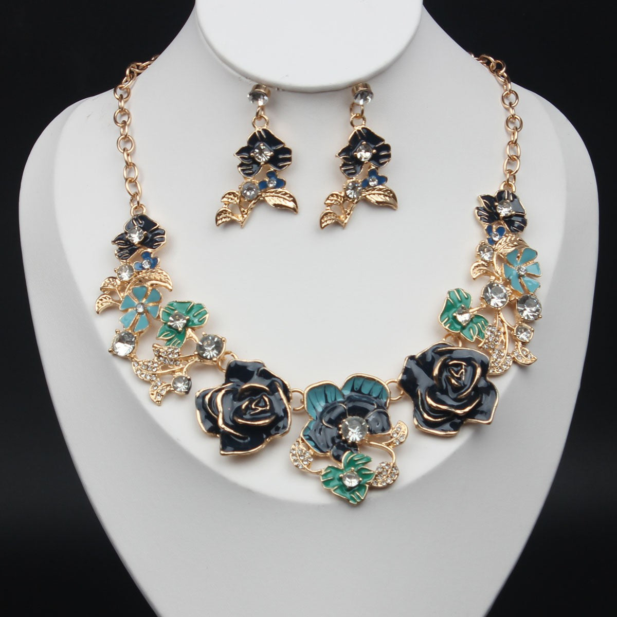 Classy Enamel Floral Necklace & Earring Set