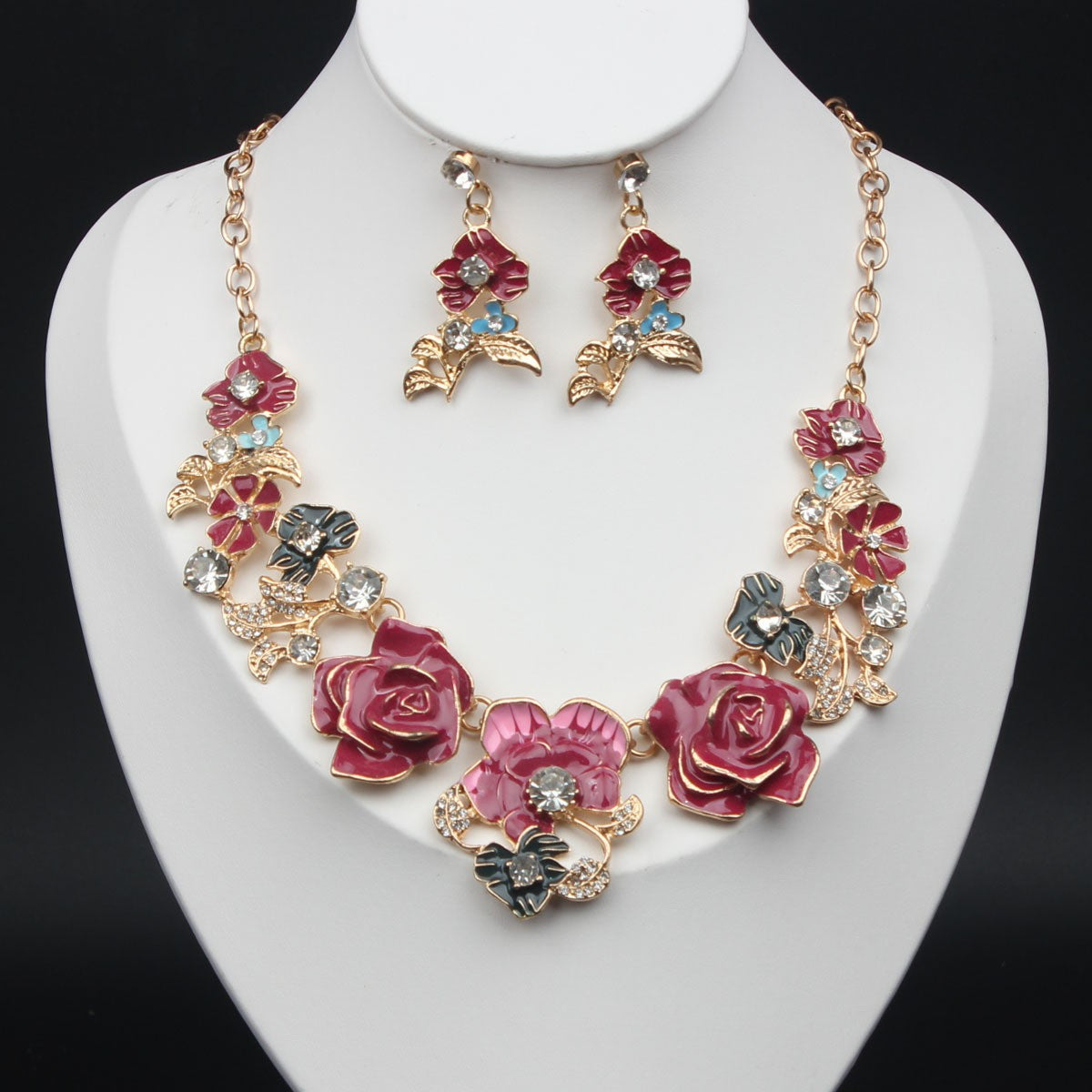 Classy Enamel Floral Necklace & Earring Set