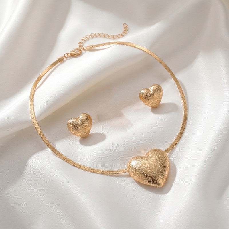 3pc Romantic Puffy Heart Necklace, Earring & Ring Set