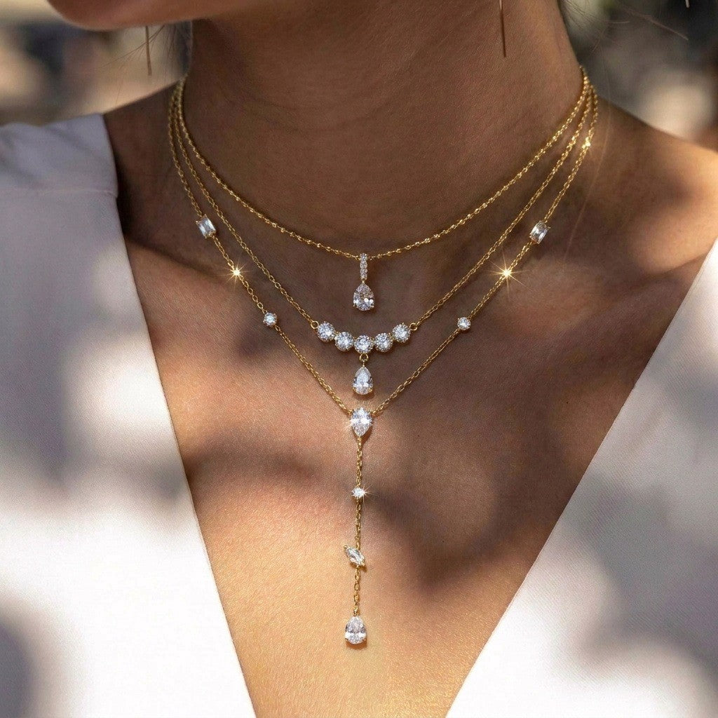 Classy Sunburst & Zirconia Layered Y-Necklace