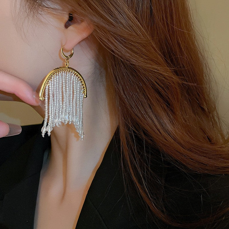 Elegant C-Shape Crystal Tassel Earrings