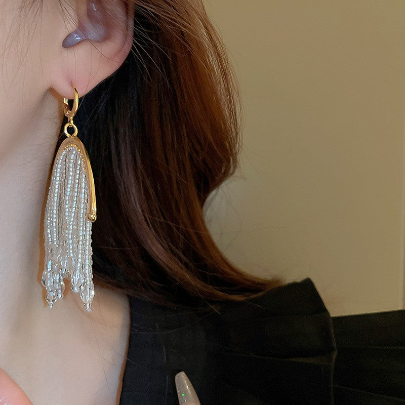 Elegant C-Shape Crystal Tassel Earrings