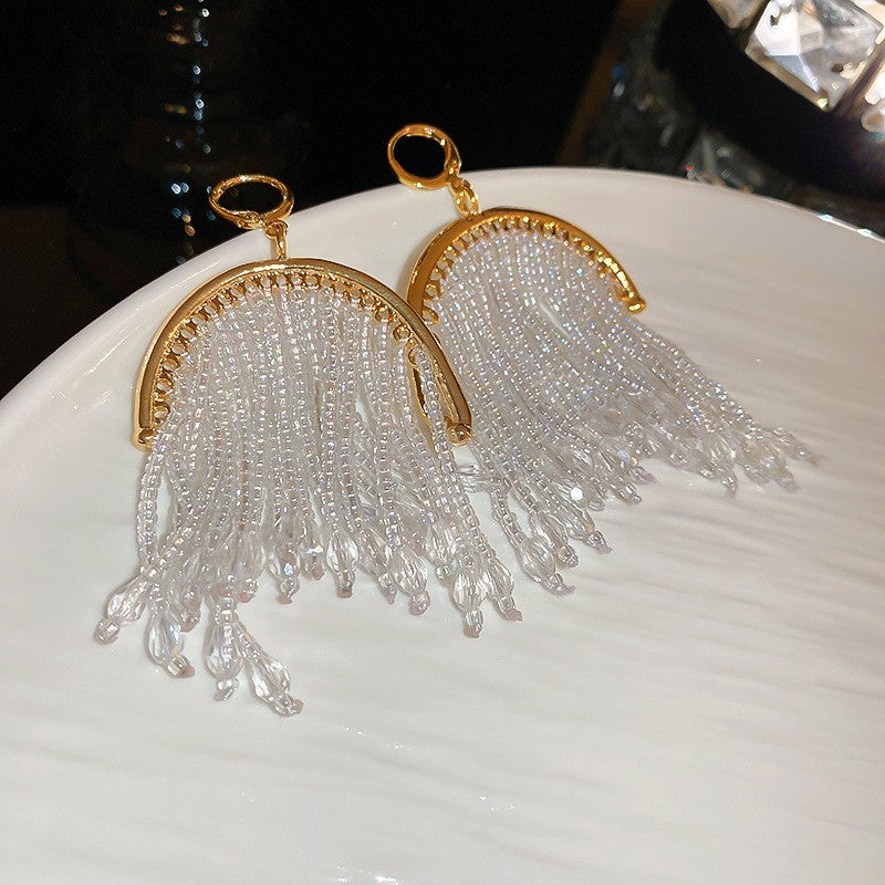 Elegant C-Shape Crystal Tassel Earrings