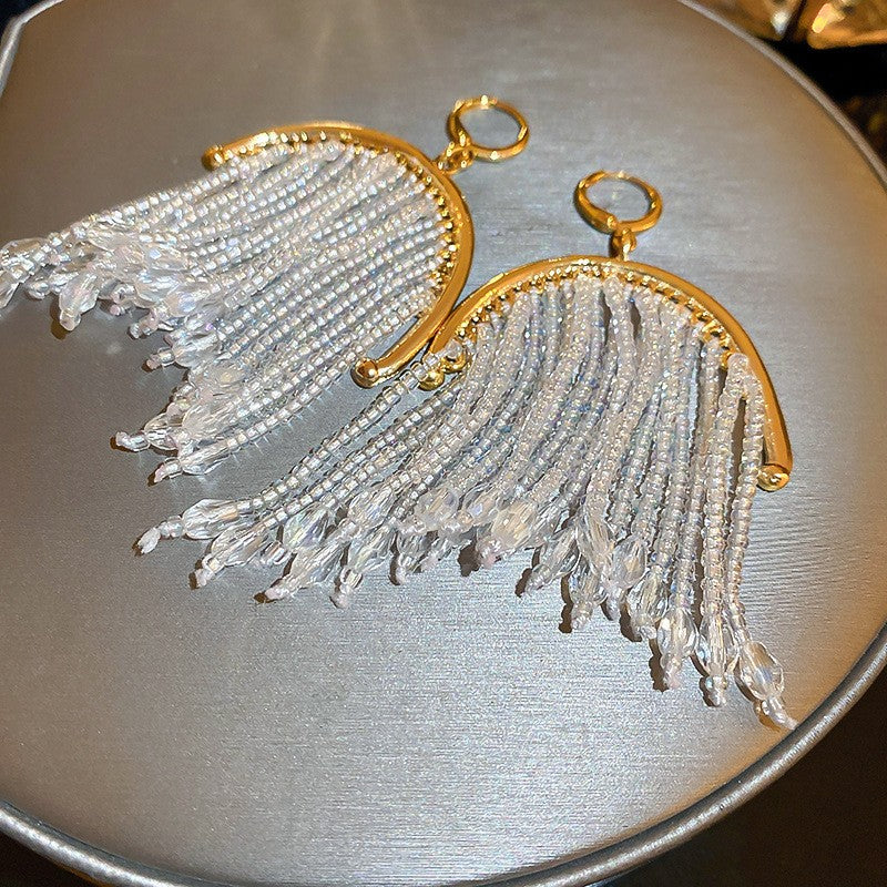 Elegant C-Shape Crystal Tassel Earrings