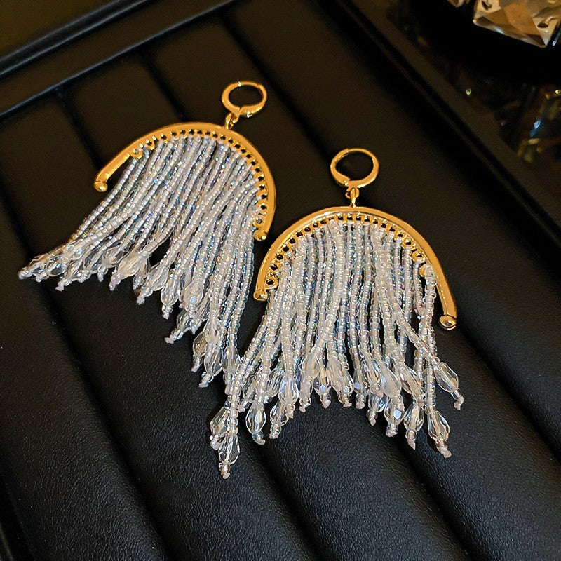 Elegant C-Shape Crystal Tassel Earrings