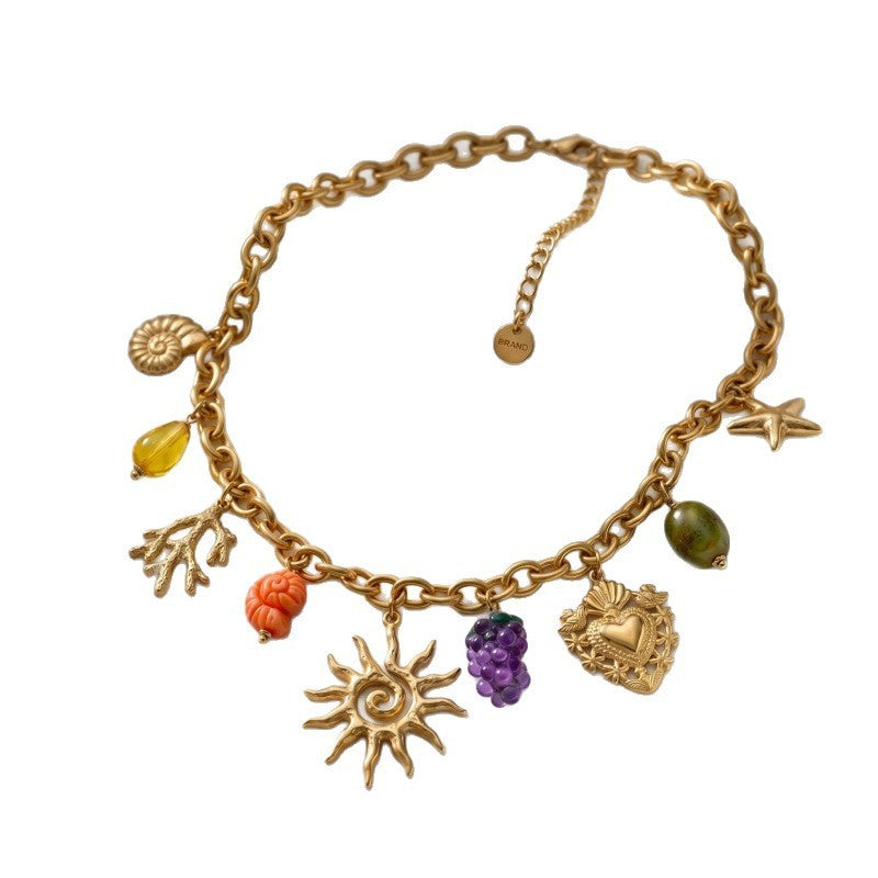Boho Vintage Sun Fruit Charm Necklace