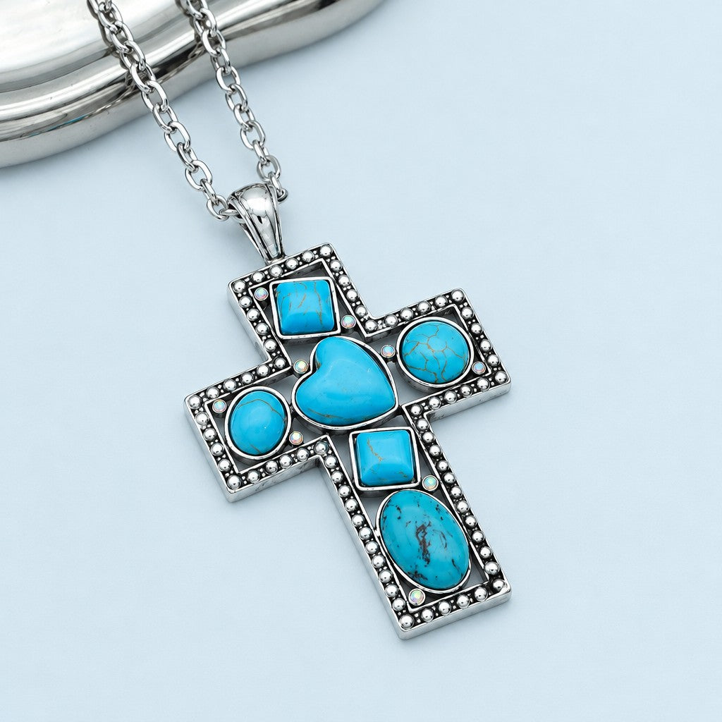 Boho Vintage Turquoise Cross Necklace
