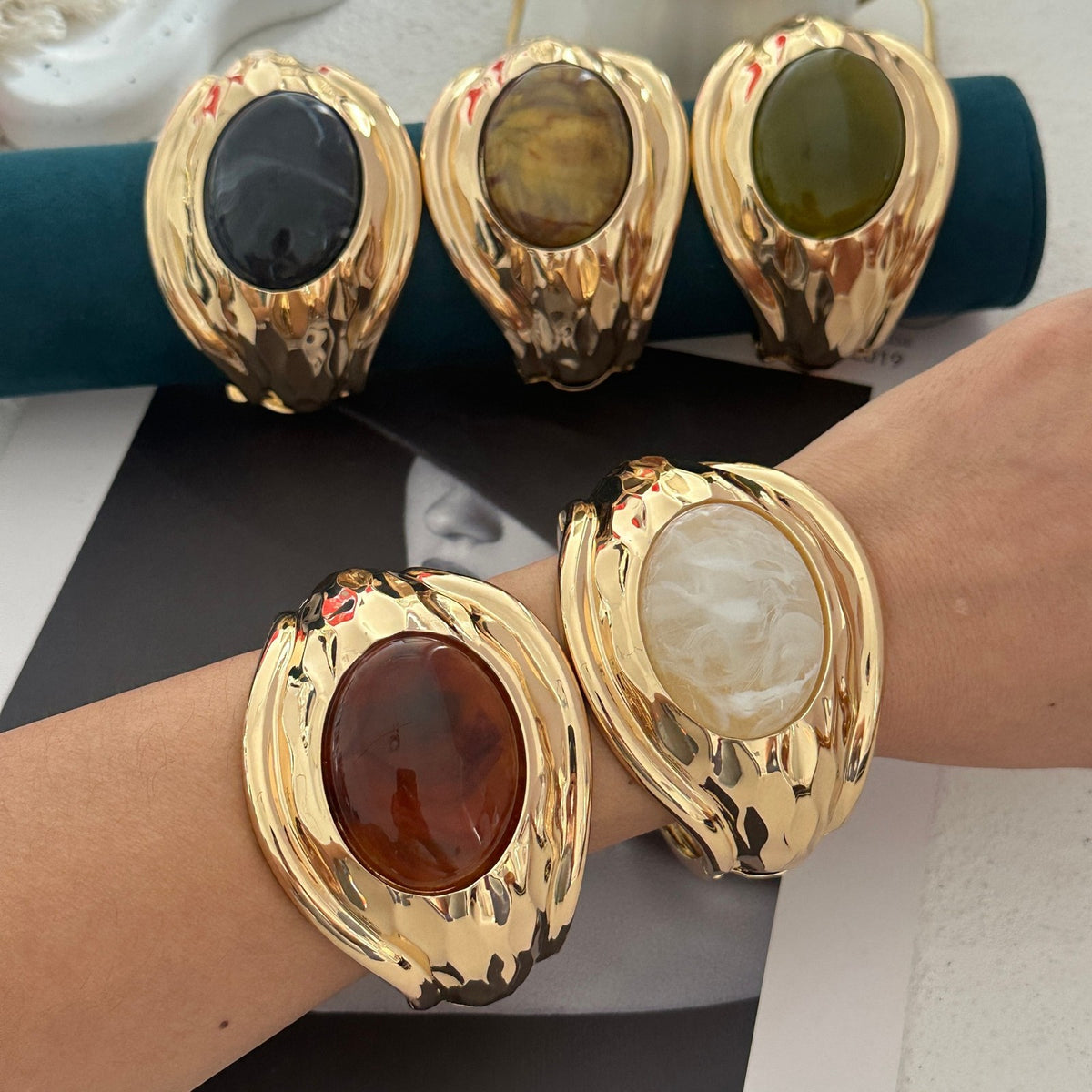 Vintage Hammered Resin Stone Cuff Bracelet