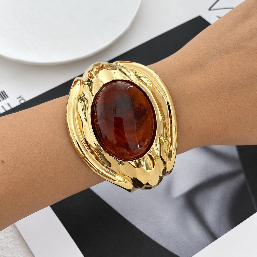 Vintage Hammered Resin Stone Cuff Bracelet