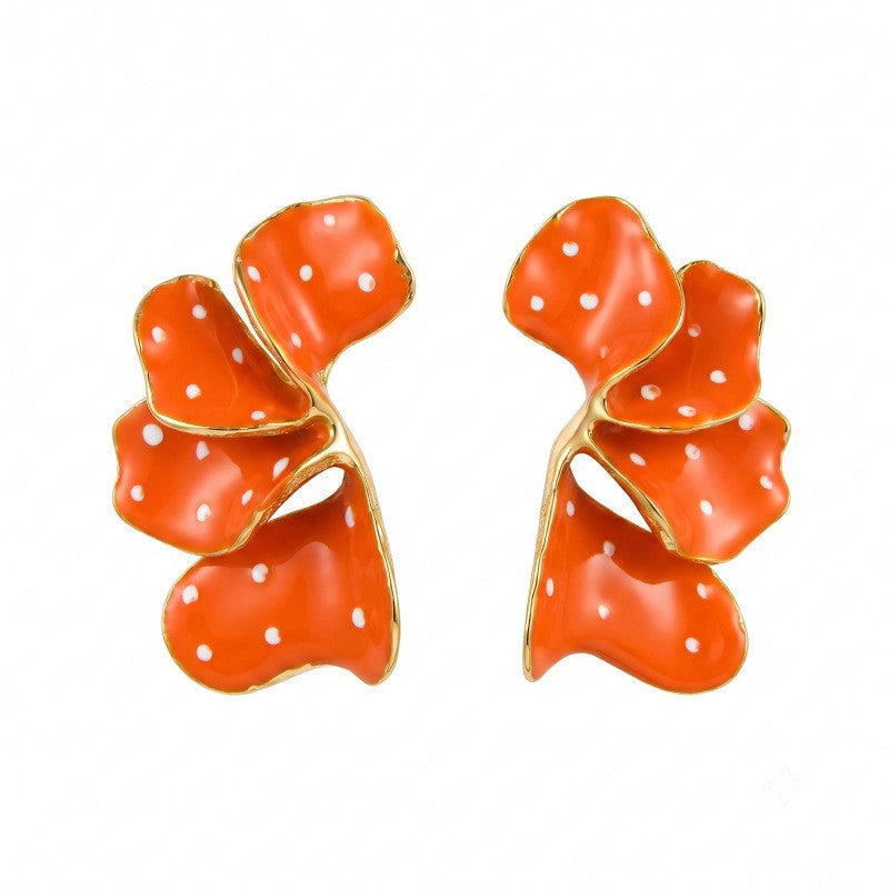 Romantic Orange Polka Dot Flower Earrings