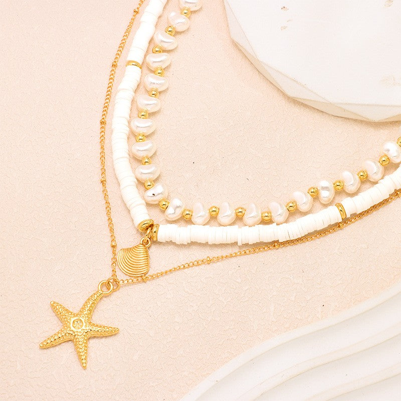 Boho Layered Faux Pearl & Starfish Necklace