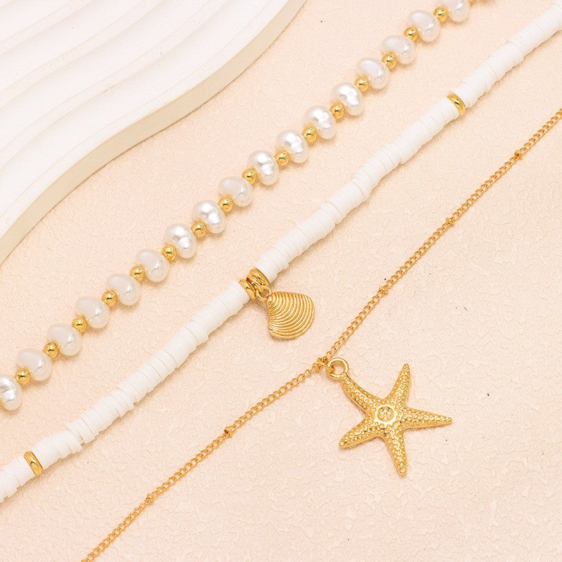 Boho Layered Faux Pearl & Starfish Necklace