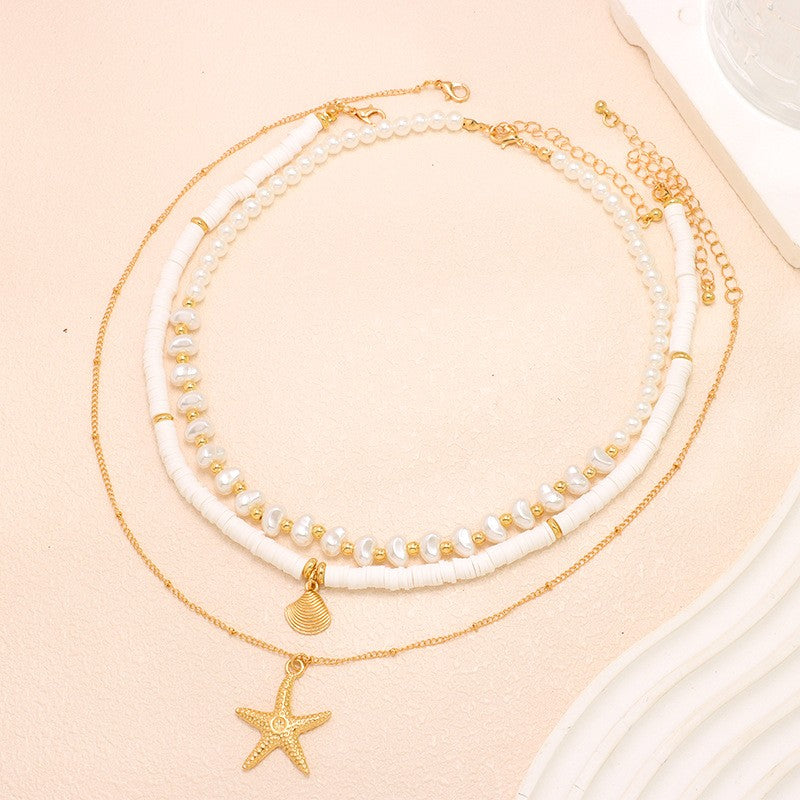 Boho Layered Faux Pearl & Starfish Necklace