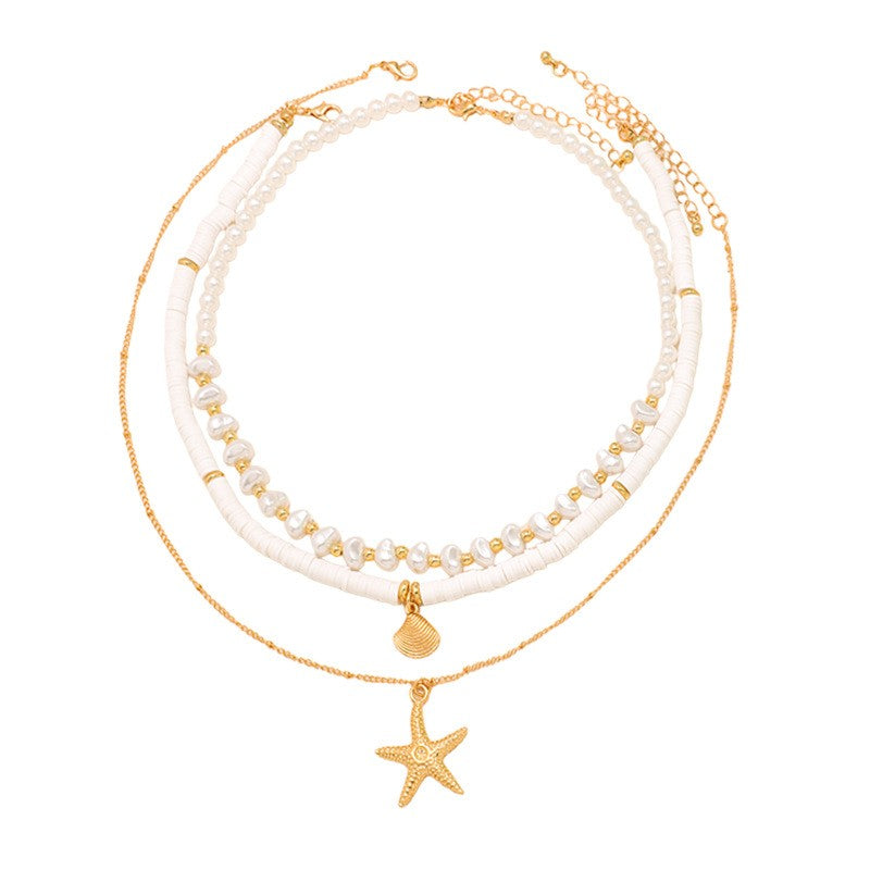 Boho Layered Faux Pearl & Starfish Necklace