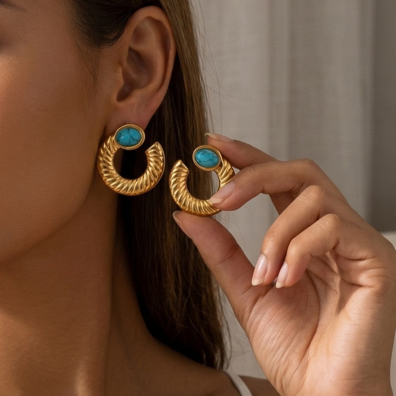 Classy Textured Turquoise Open Hoop Earrings