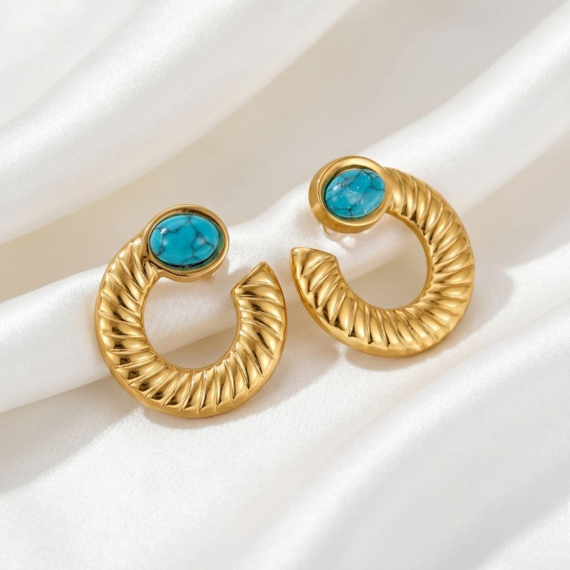 Classy Textured Turquoise Open Hoop Earrings