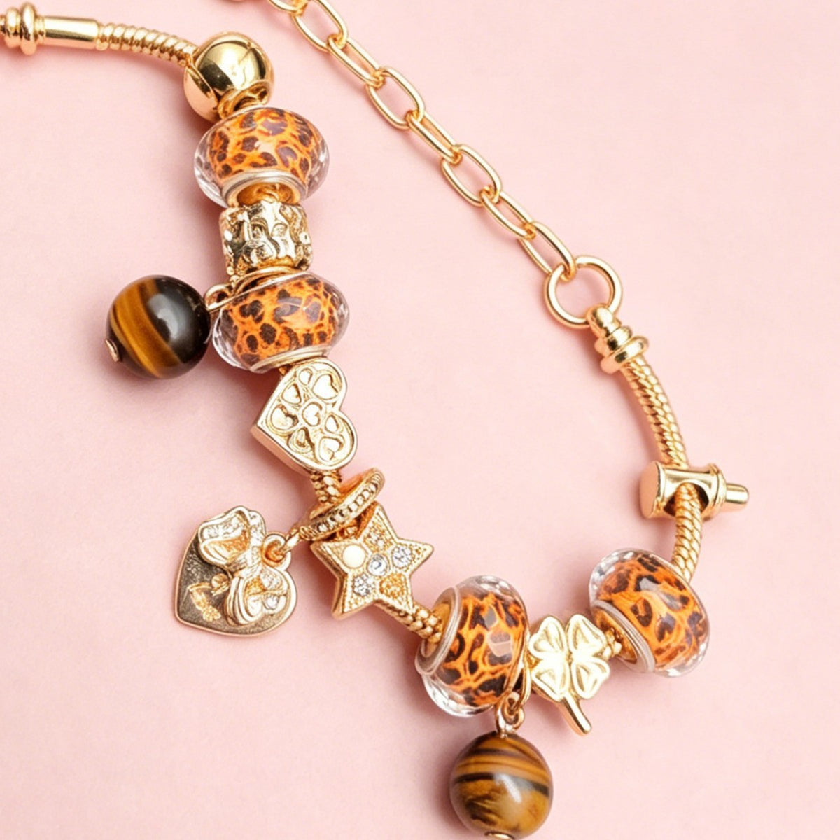 Boho Leopard Print & Tiger Eye Charm Bracelet