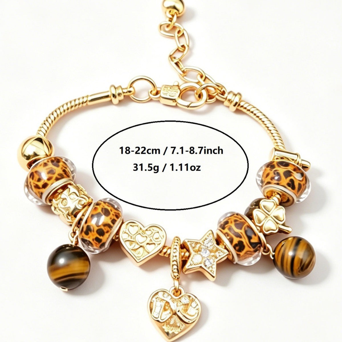 Boho Leopard Print & Tiger Eye Charm Bracelet