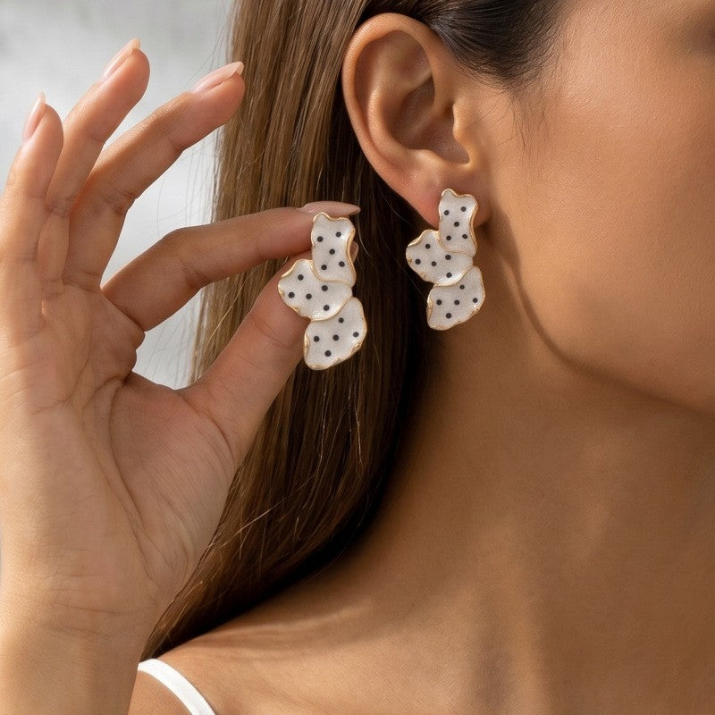 Classy White Polka Dot Floral Earrings