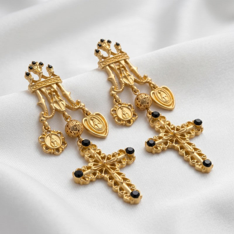 Vintage Crown Cross Dangle Earrings