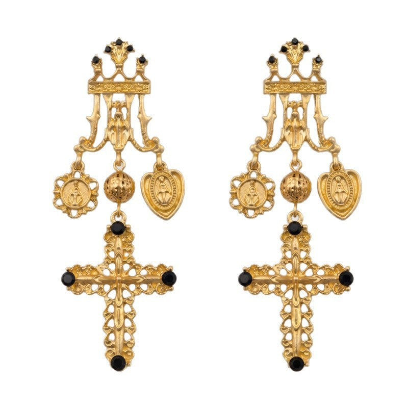 Vintage Crown Cross Dangle Earrings
