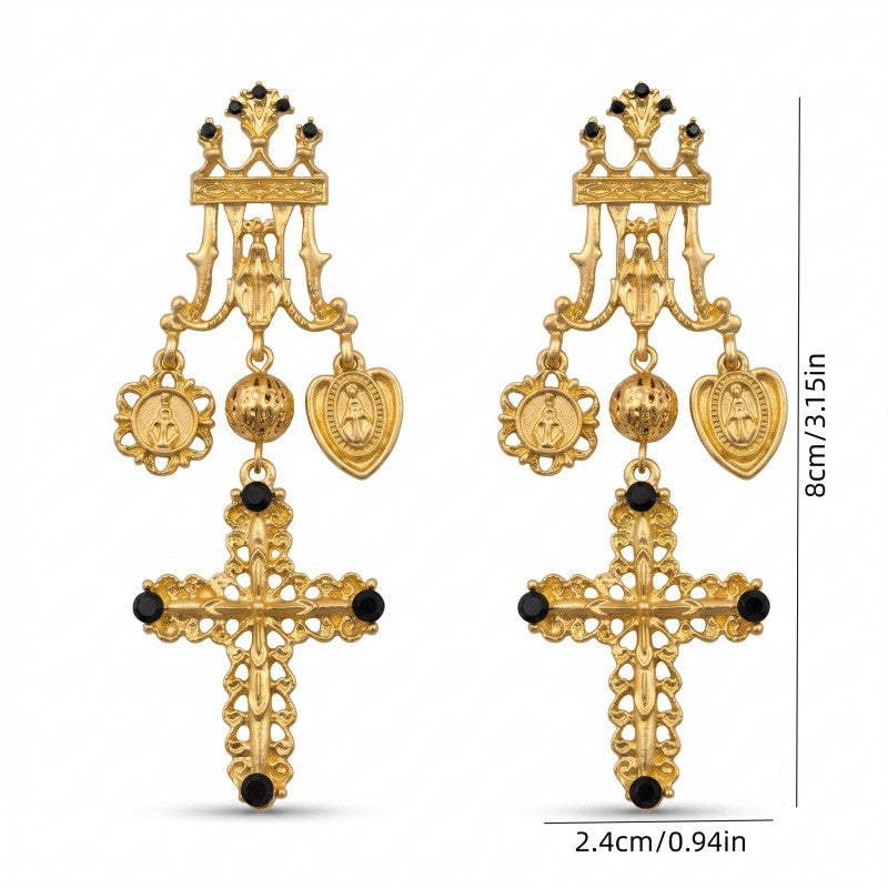 Vintage Crown Cross Dangle Earrings